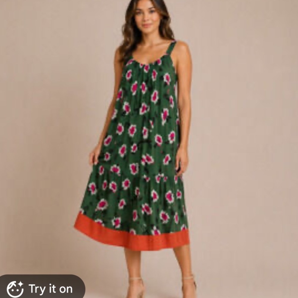 Anthropologie Mireille Pleated Floral Midi Dress Green Pink Size S OB973676